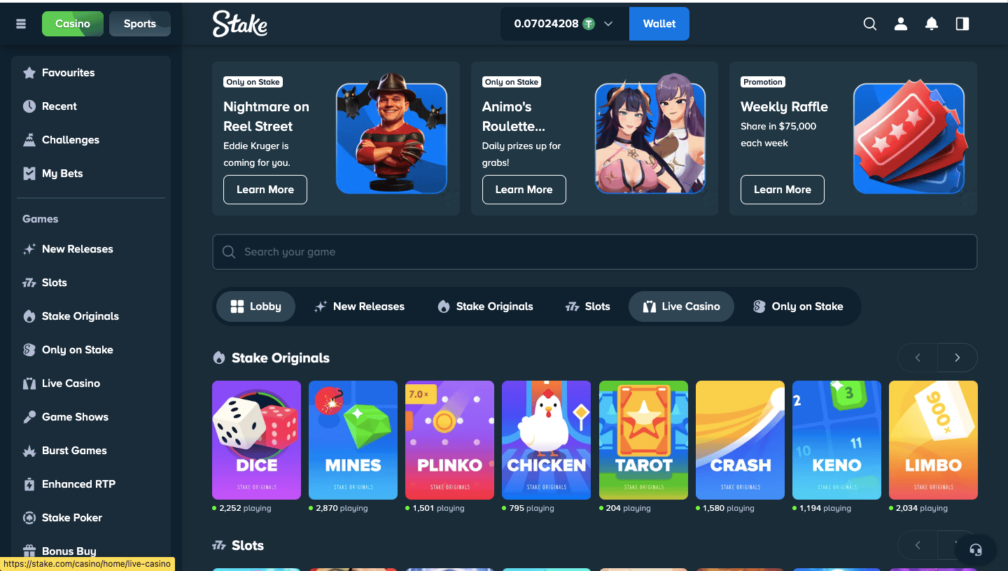 Stake casino lobby in English