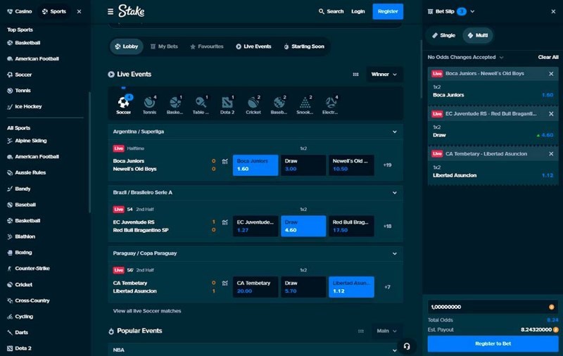 Stake live sportsbook and bet slip